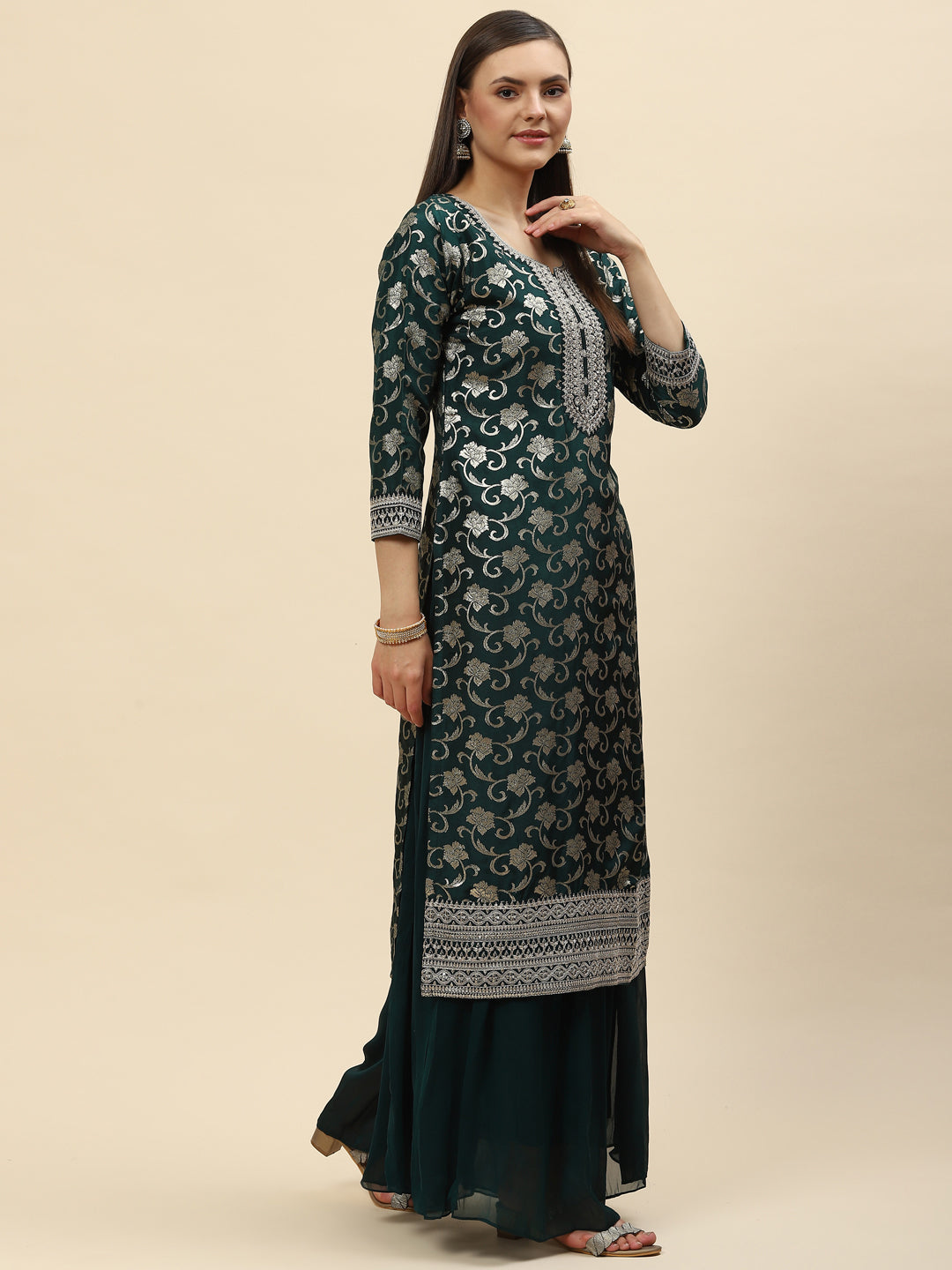 Zari Jaal Handloom Kurta With Palazzo &amp; Dupatta