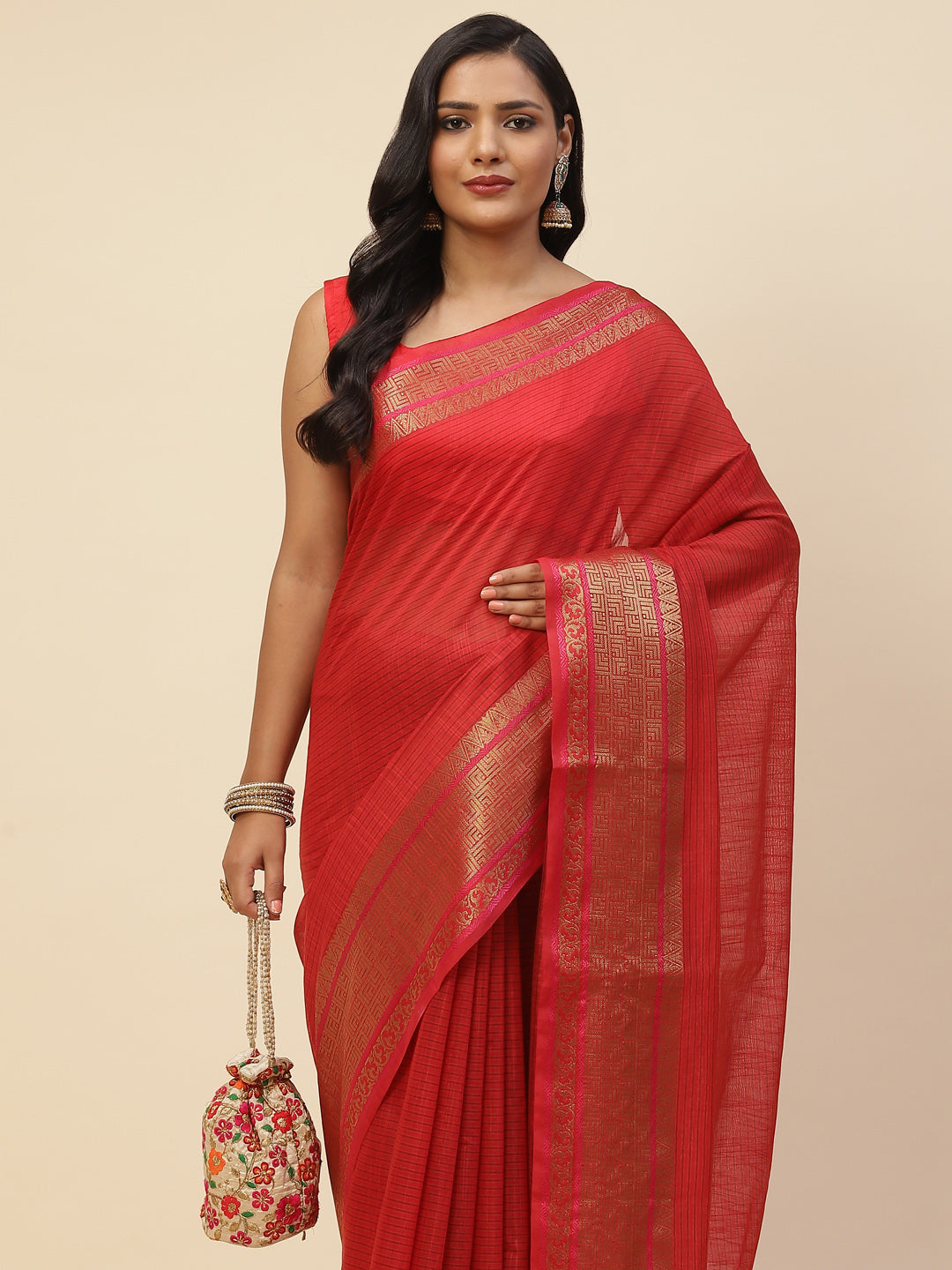 Plain Zari Border Cotton Woven Saree