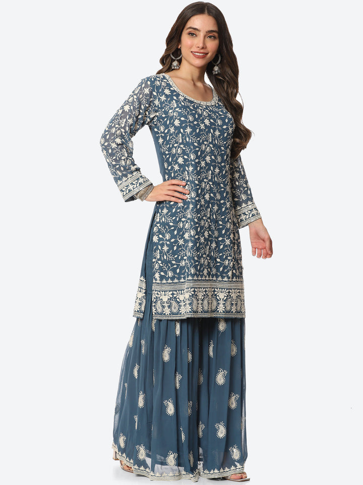 Resham Embroidered Georgette Kurta With Garara &amp; Dupatta