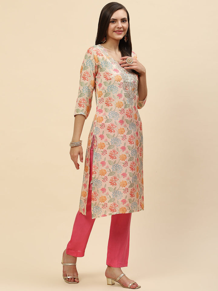 Zari Embroidered &amp; Printed Cotton Kurta With Pants