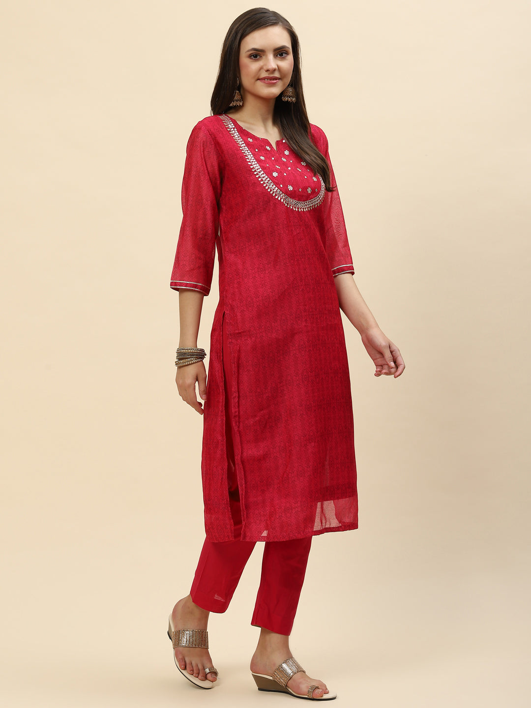 Gota Work &amp; Printed Chanderi Kurta With Pants