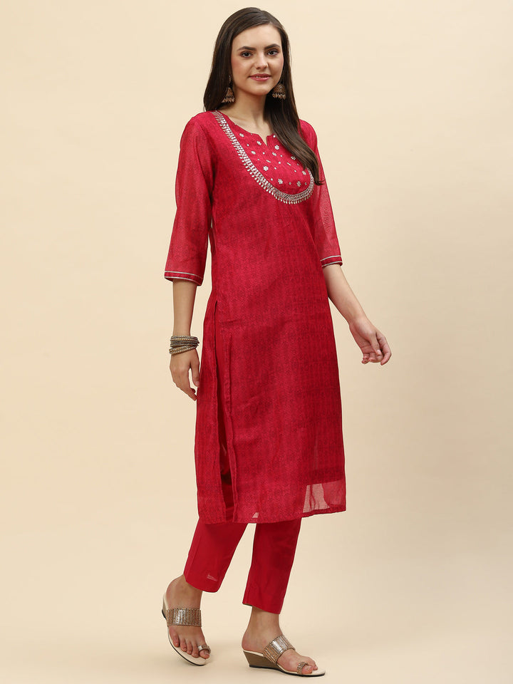 Gota Work &amp; Printed Chanderi Kurta With Pants