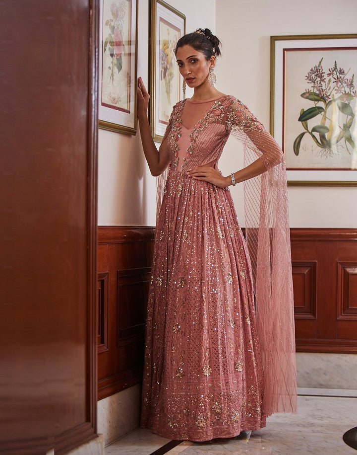 Sequence Embroidered Georgette Gown With Cape Sleeves