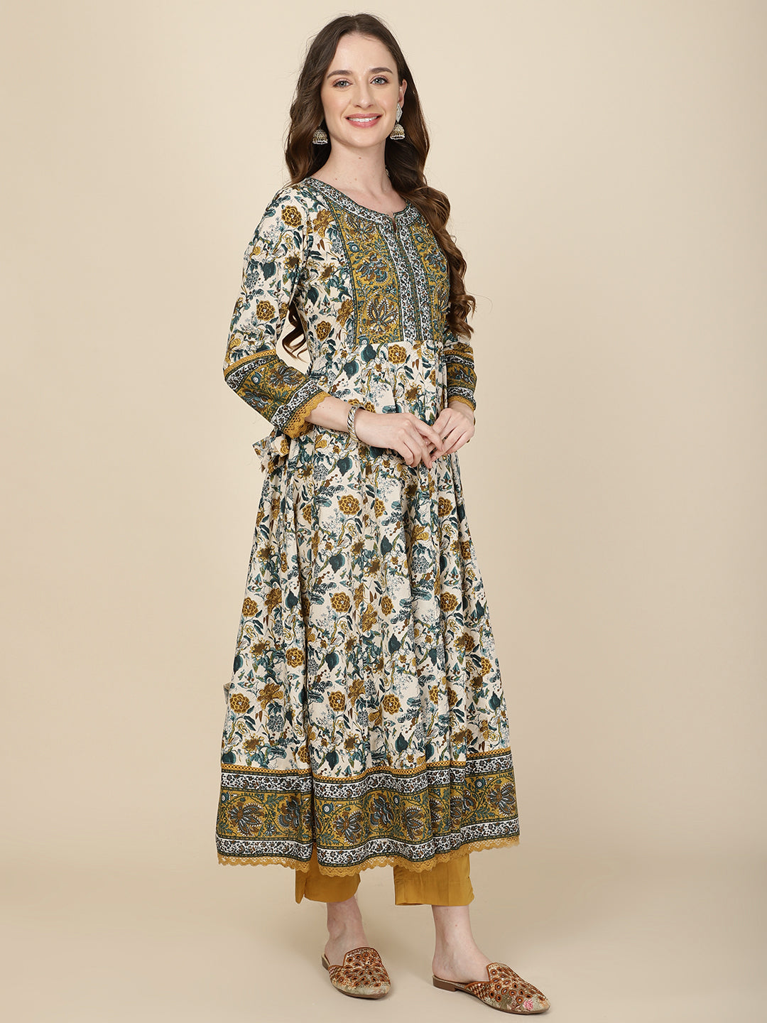 Floral Printed Cotton Kurta With Pants &amp; Dupatta