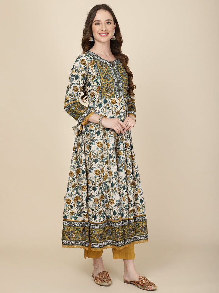 Floral Printed Cotton Kurta With Pants &amp; Dupatta