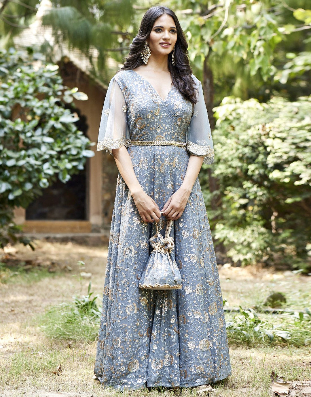 MBZ Meena Bazaar-Grey Georgette Long Dress