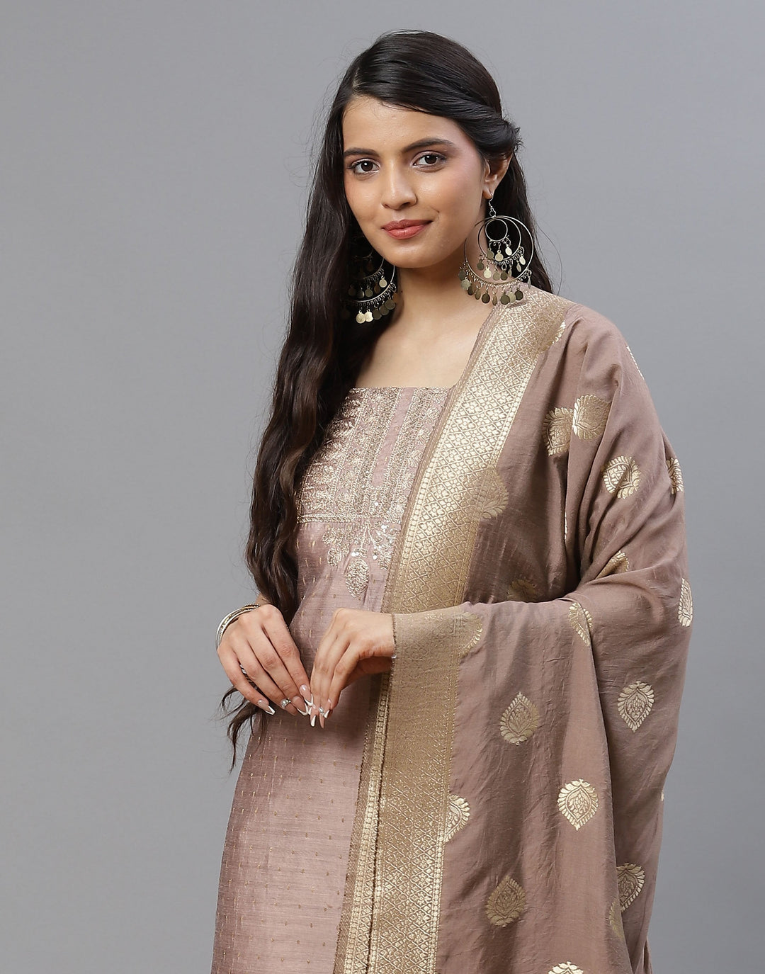 Embroidered Chanderi Suit Piece With Chanderi Banarasi Dupatta