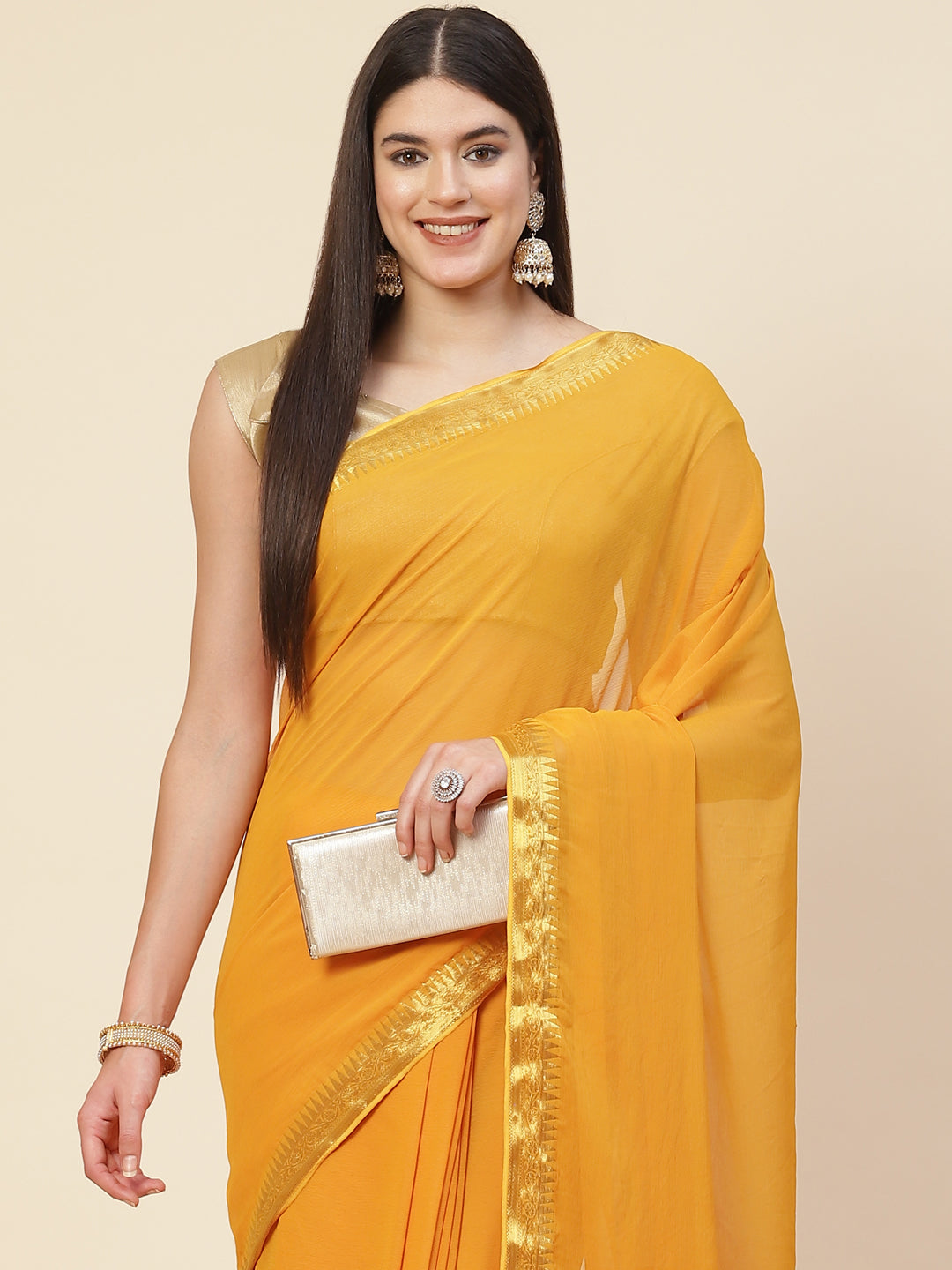 Plain Zari Border Chiffon Saree