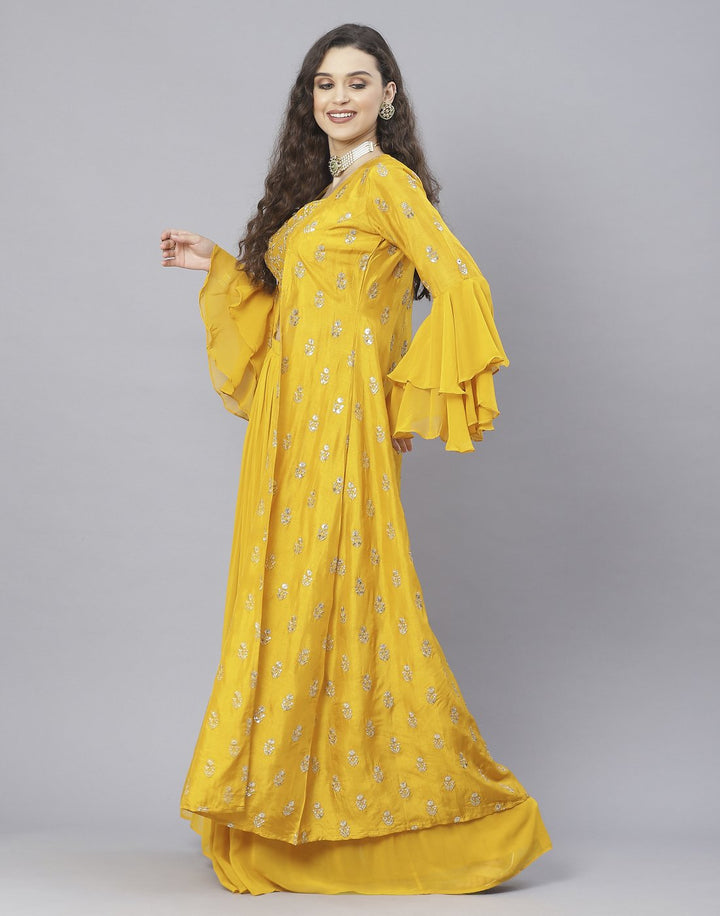 Mustard and Pink Art Crepe Salwar Kameez