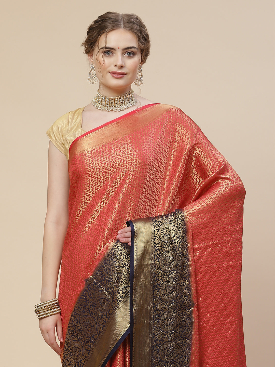 Brocade Zari Booti Art Handloom Woven Saree