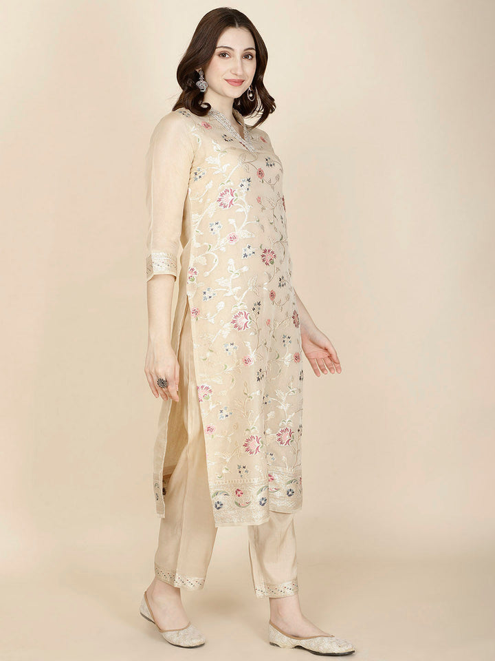 Floral Woven Tissue Kurta With Pants &amp; Dupatta