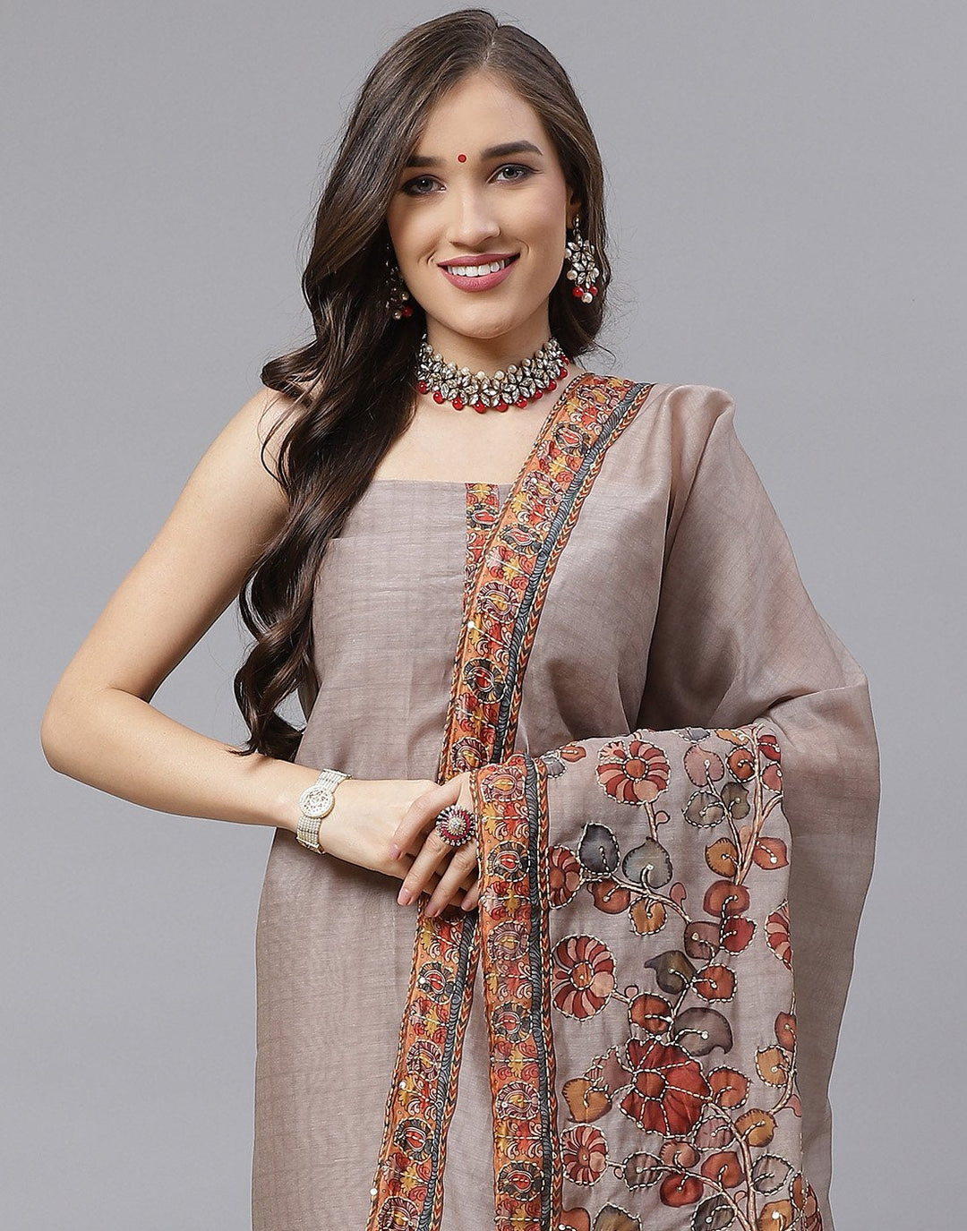 Chanderi Embroidered Suit Piece with fancy dupatta