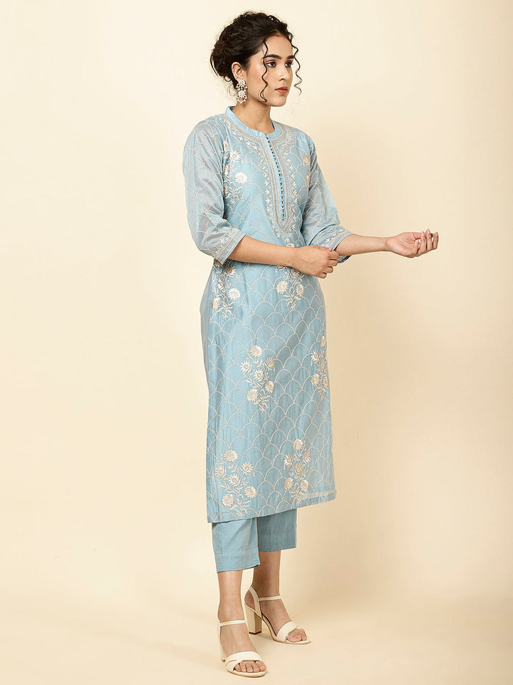 Embroidered Chanderi Kurta With Pants &amp; Dupatta