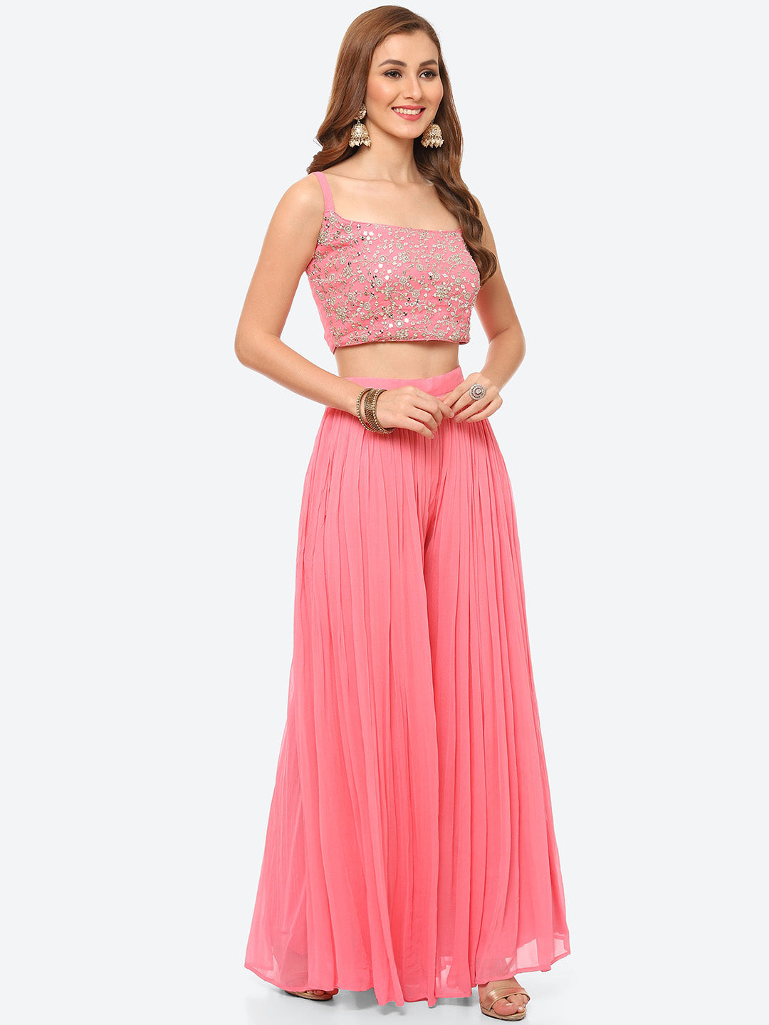 Zari Embroidered Booti Georgette Crop Top With Sharara &amp; Jacket