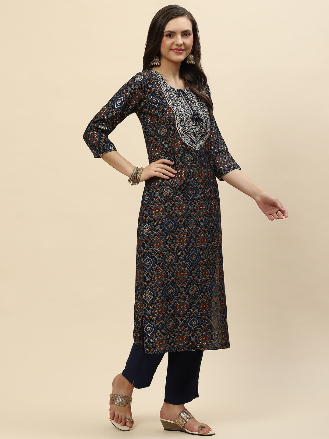 Zari Neck Embroidered &amp; Printed Muslin Kurta With Pants