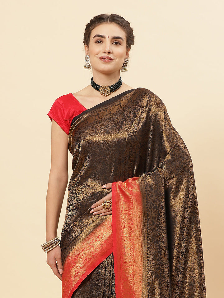 Brocade Zari Jaal Art Handloom Saree With Contrast Border