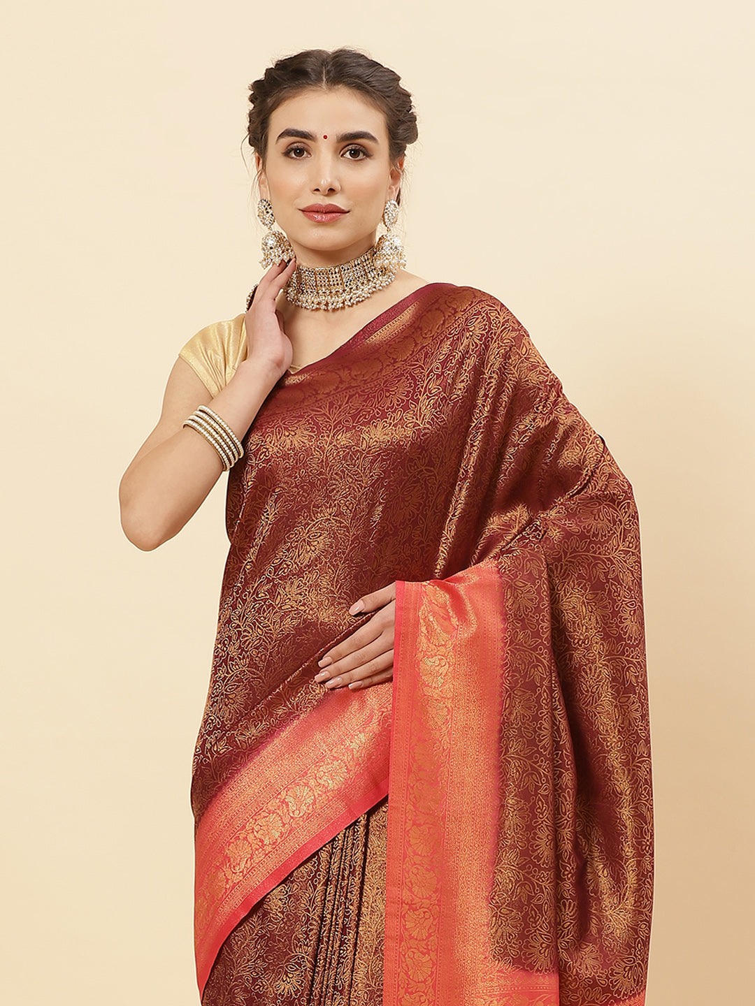 Brocade Zari Jaal Art Handloom Saree With Contrast Border