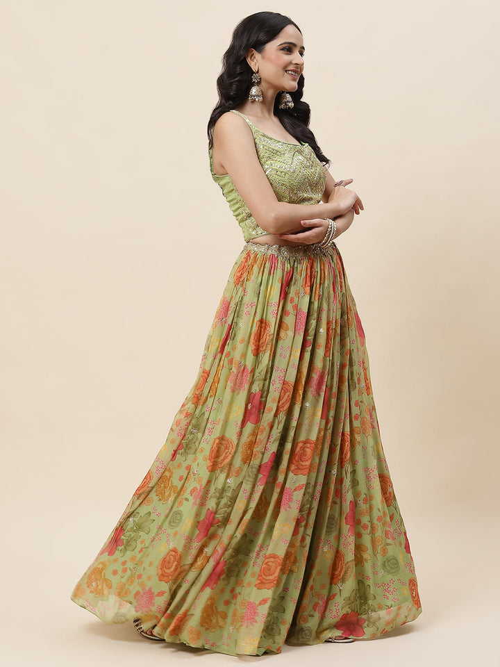 Floral Printed Organza Choli With Lehenga &amp; Cape
