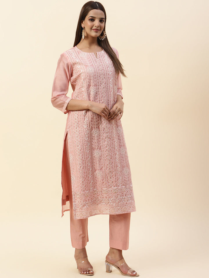 Embroidered Chanderi Kurta With Pants