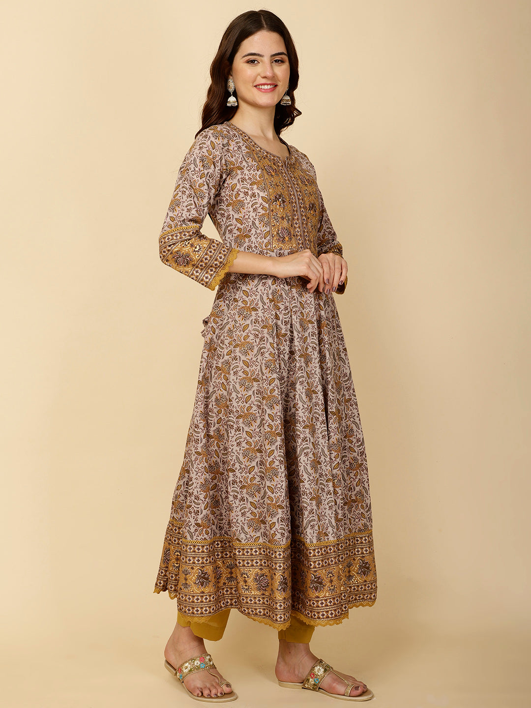 Floral Block Printed Anarkali Kurta With Pants &amp; Dupatta