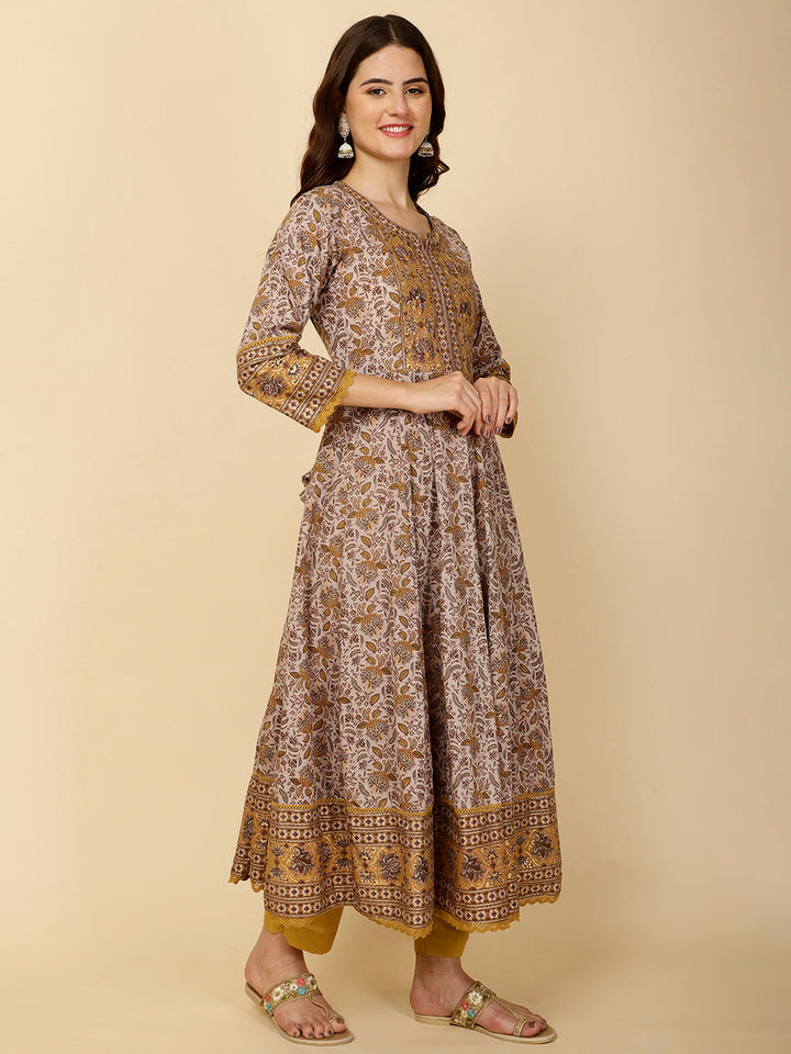 Floral Block Printed Anarkali Kurta With Pants &amp; Dupatta