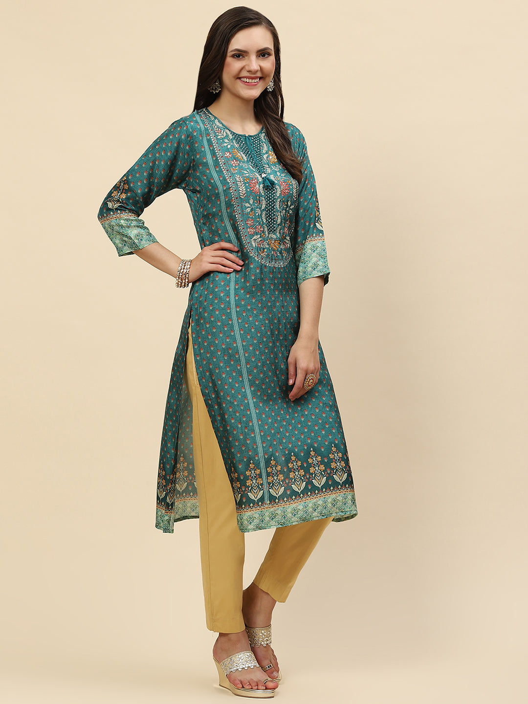 Neck Embroidered &amp; Printed Handloom Kurta