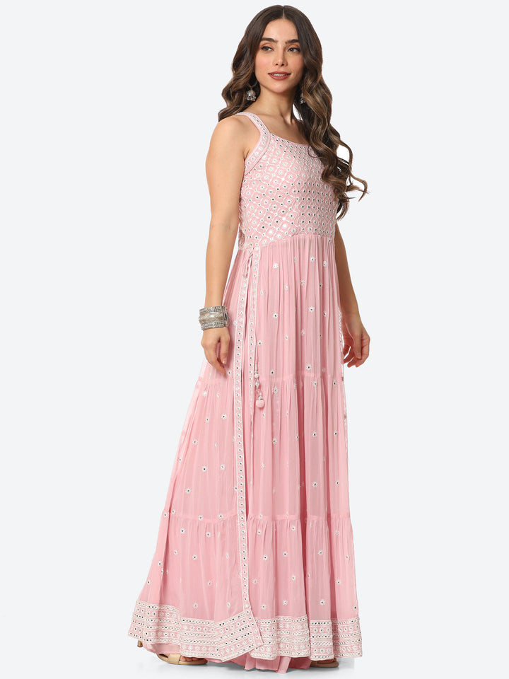 Resham Mirror Georgette Kurta With Palazzo &amp; Net Dupatta