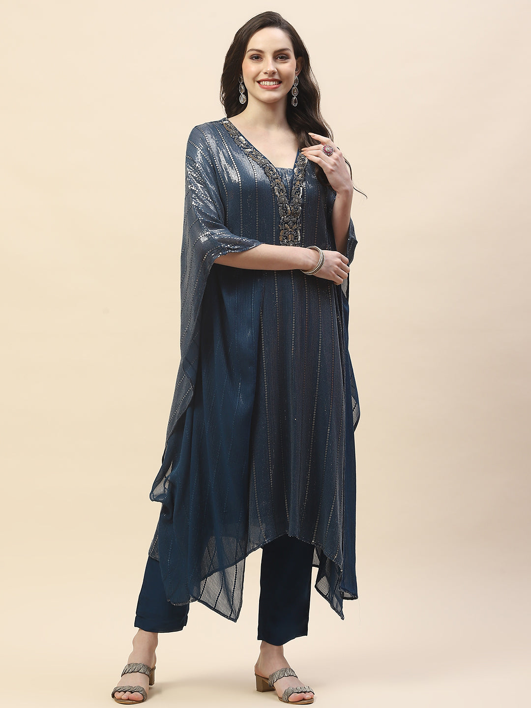 Sequin Work Georgette Kaftan Kurta With Pants