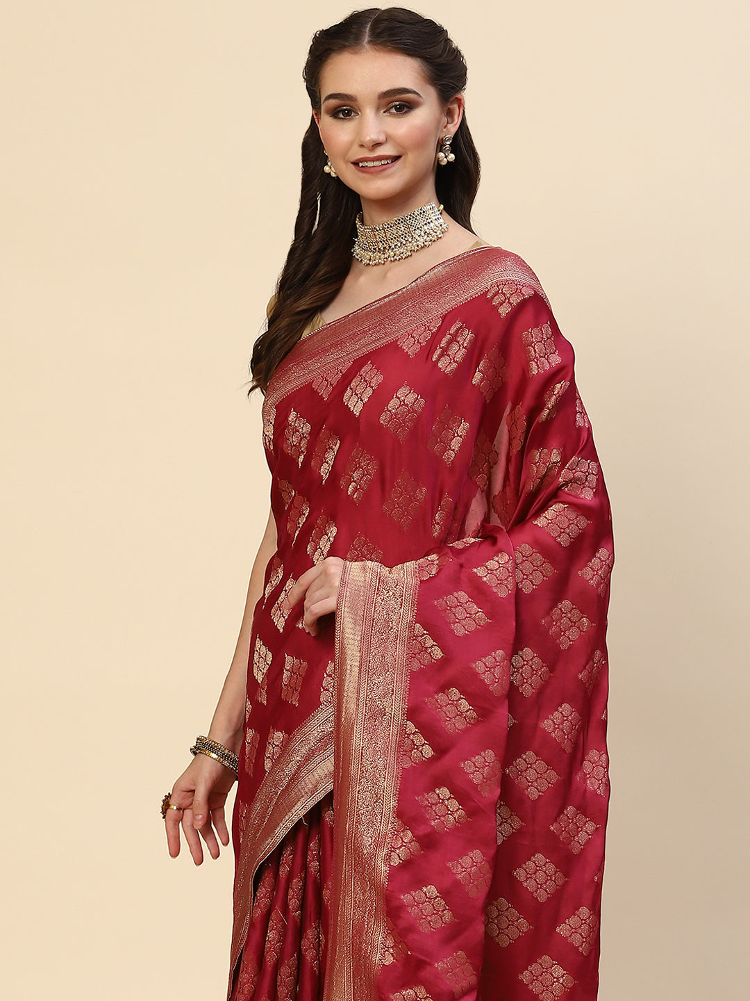 Zari Border Booti Organza Plain Saree