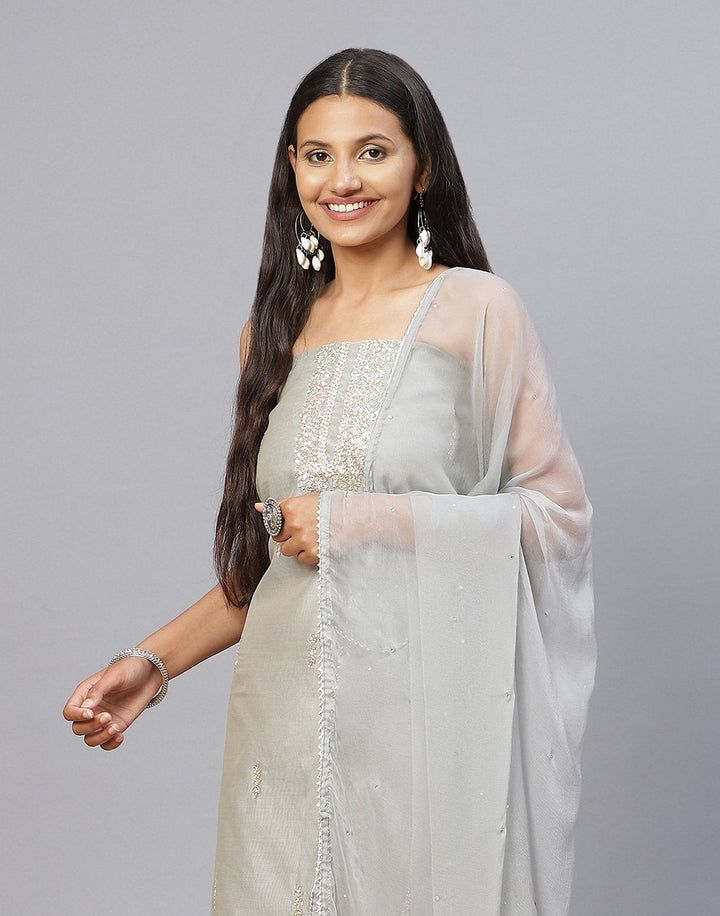 Embroidered Chanderi Suit Piece With Chiffon Dupatta
