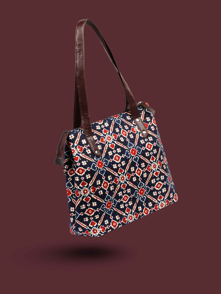 Navy Blue &amp; Maroon Printed Cotton Handbag With Pouch