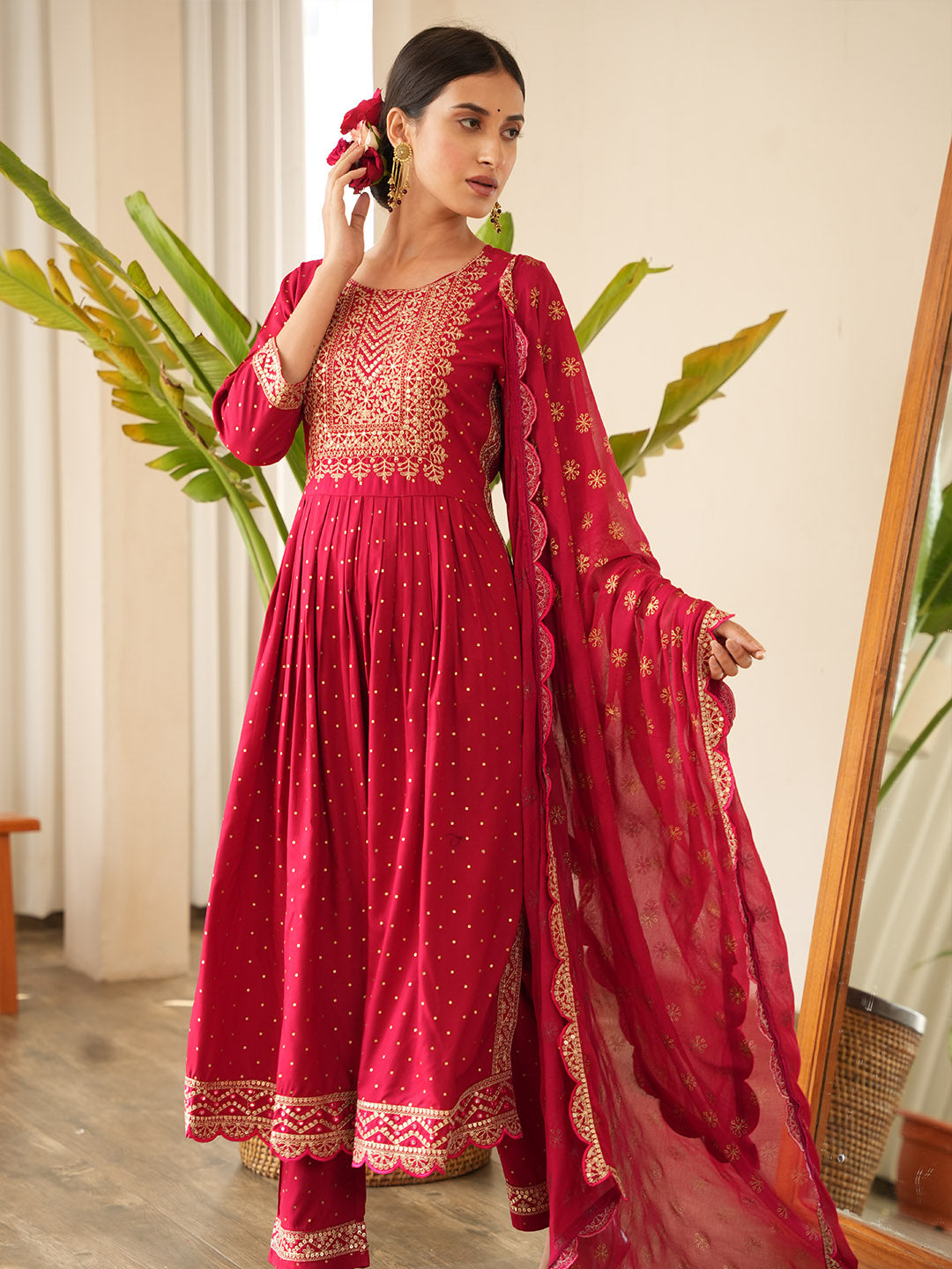 Sequin Embroidered Cotton Kurta With Pants &amp; Dupatta