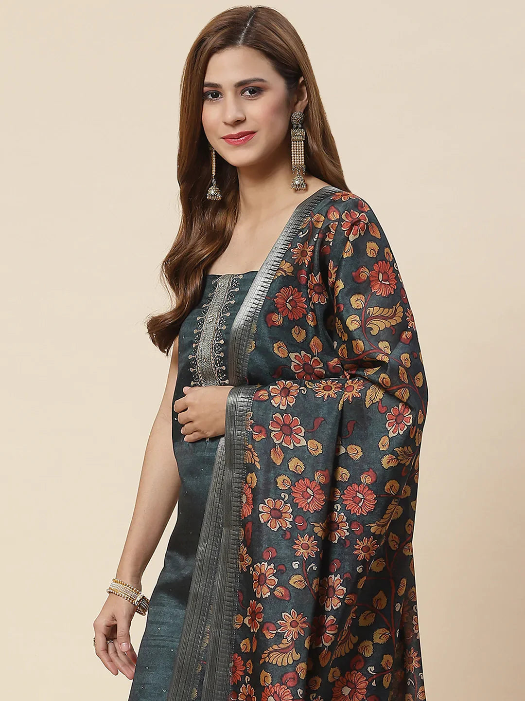 Neck Embroidered Chanderi Unstitched Suit Piece With Dupatta