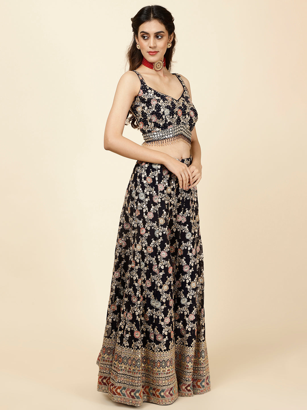 Zari Embroidered Georgette Crop Top With Palazzo &amp; Dupatta