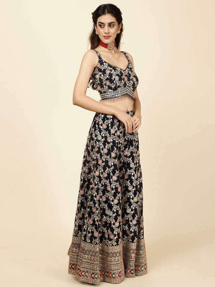 Zari Embroidered Georgette Crop Top With Palazzo &amp; Dupatta