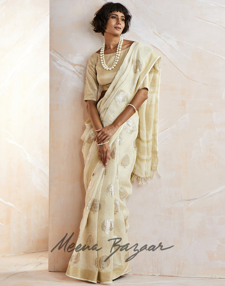 Cream Gold Cotton Linen Printed Saree