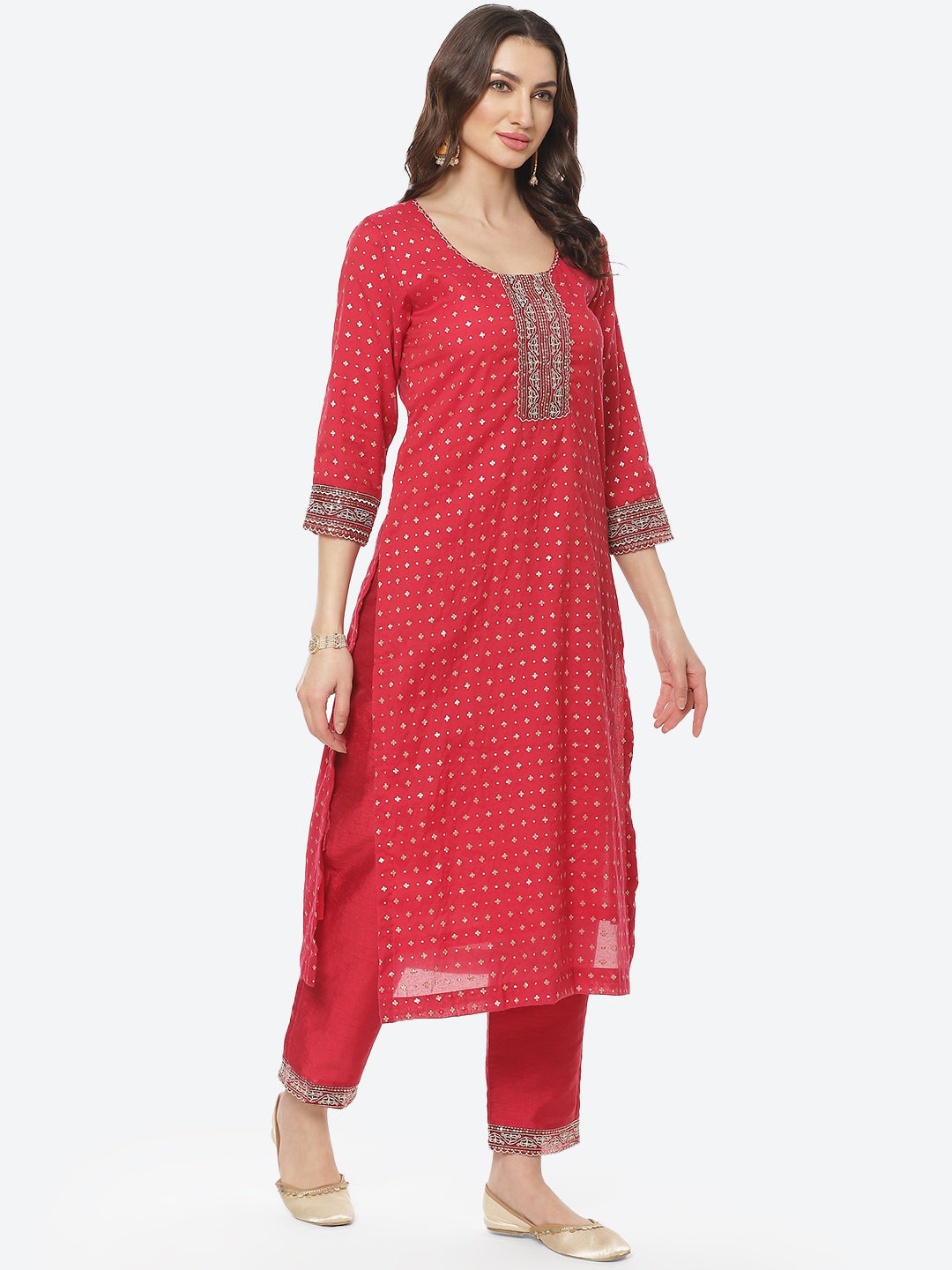 Sequence Neck Zari Embroidered Cotton Kurti With Pant