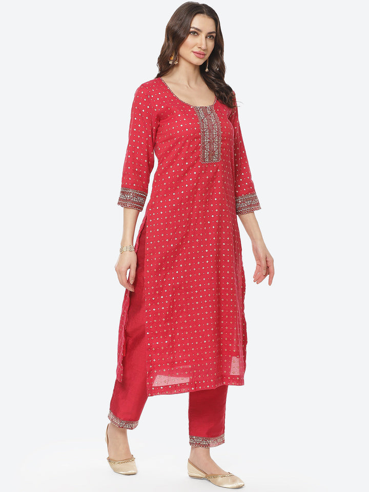 Sequence Neck Zari Embroidered Cotton Kurti With Pant