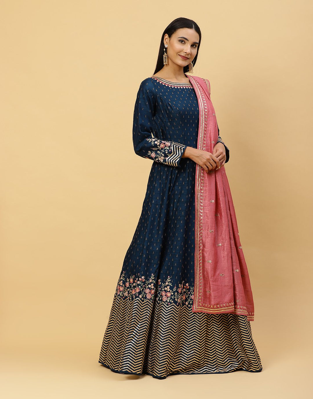 Embroidered Handloom Dupion Anarkali Salwar Kameez Stitched Suit With Art Silk Dupatta