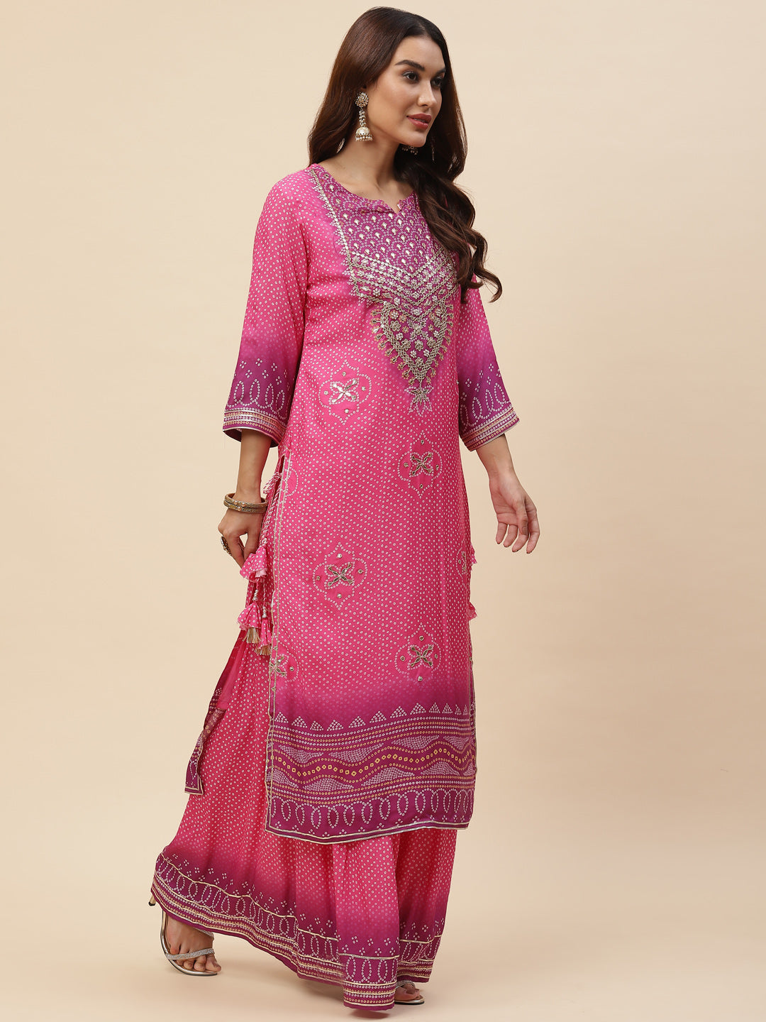 Bandhani Printed Muslin Kurta With Sharara With Dupatta
