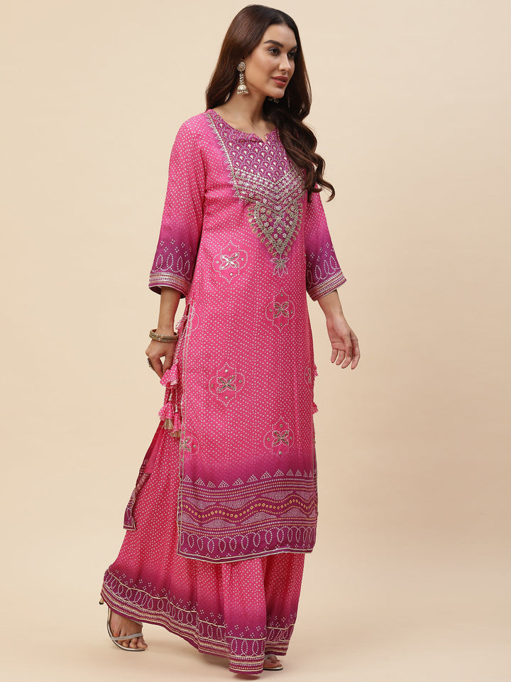Bandhani Printed Muslin Kurta With Sharara With Dupatta
