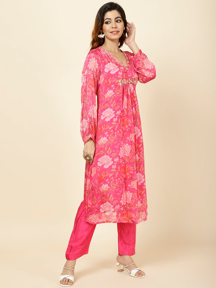 Printed Chinnon Kurta With Pants