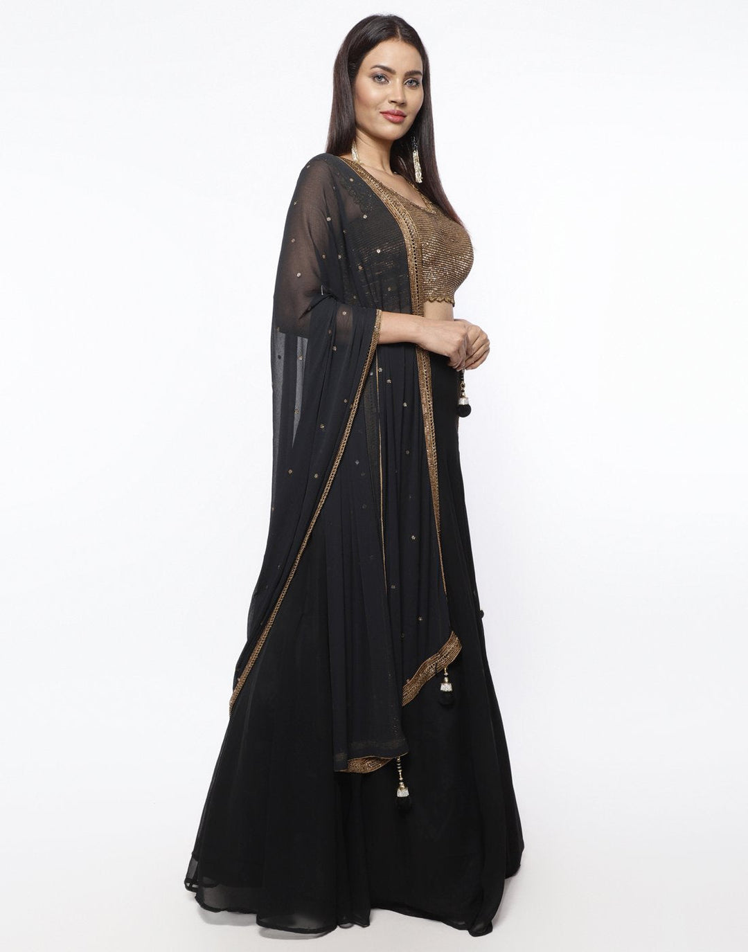 MBZ Meena Bazaar-Black Crochet Georgette Lehenga