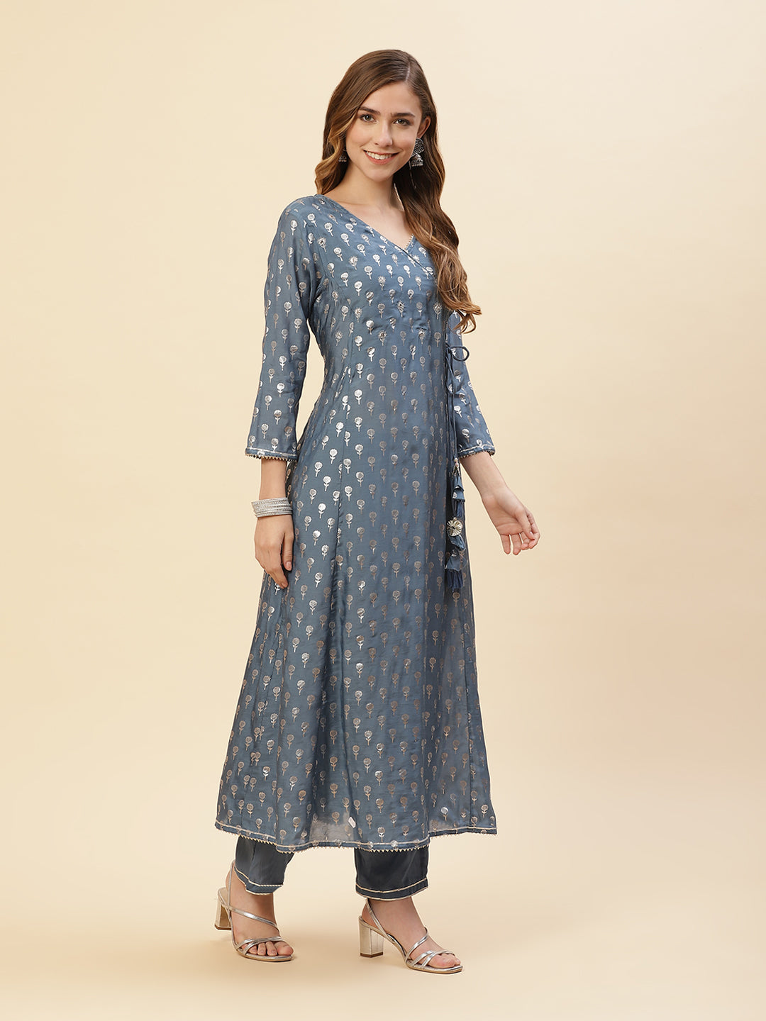 Cotton Muslin Zari Work Angrakha Kurti With Pant