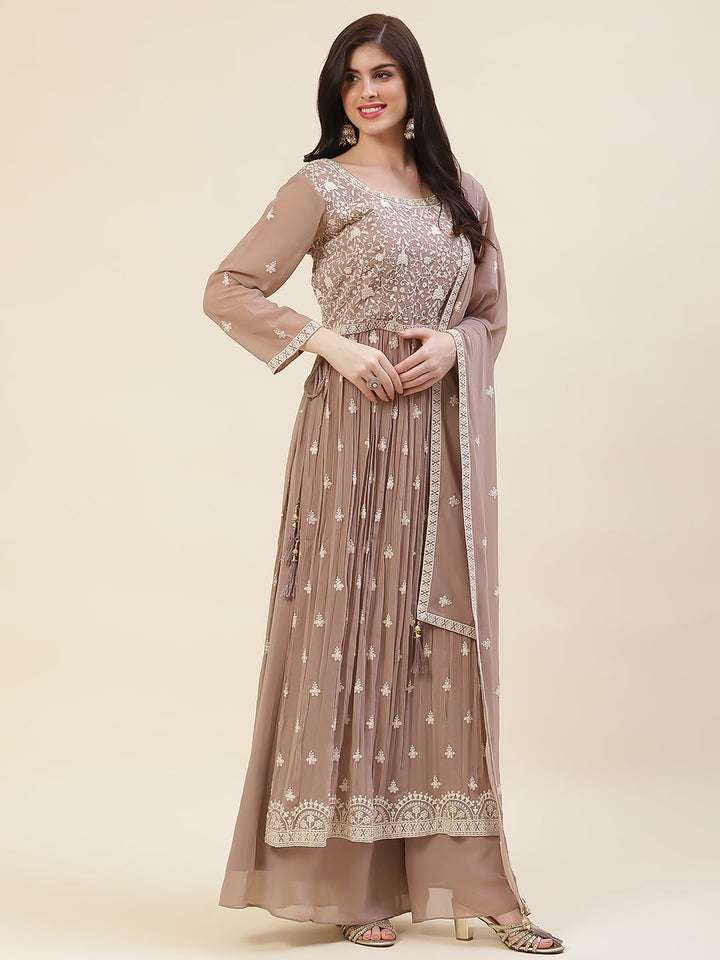 Resham Embroidered Booti Georgette Kurta With Palazzo &amp; Dupatta