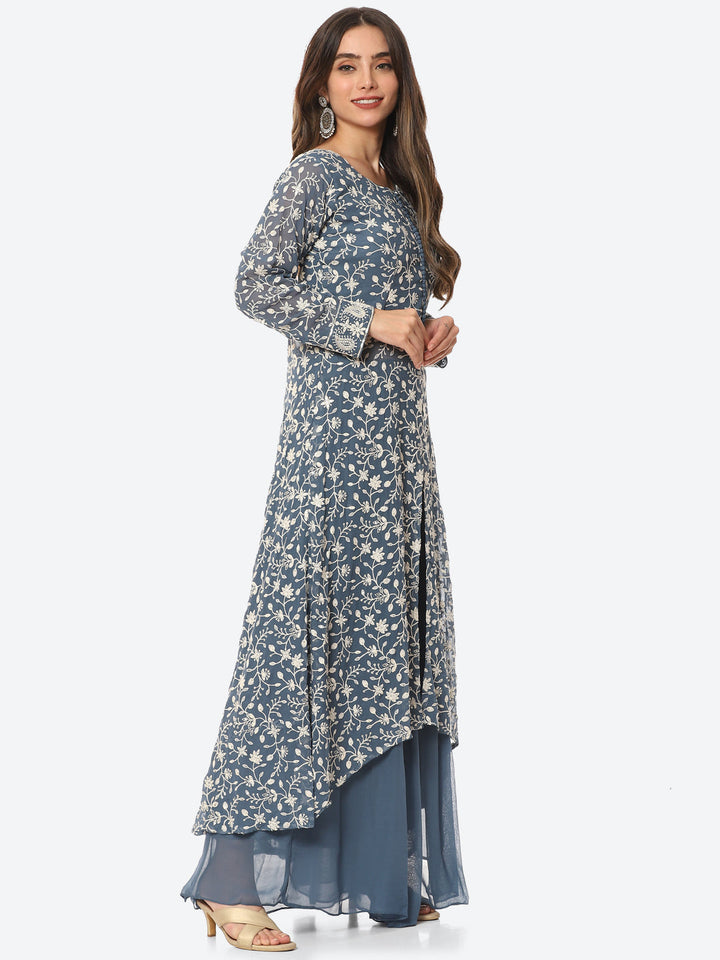Resham Jaal Georgette Kurta With Palazzo &amp; Dupatta