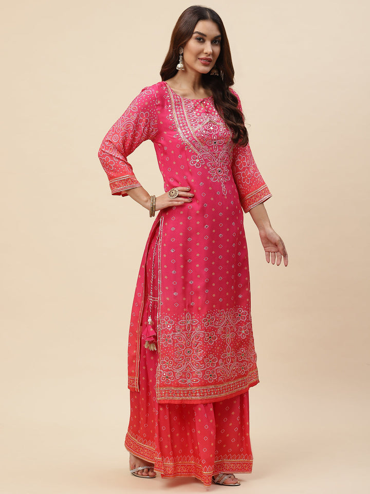 Bandhani Printed Muslin Kurta With Sharara &amp; Dupatta