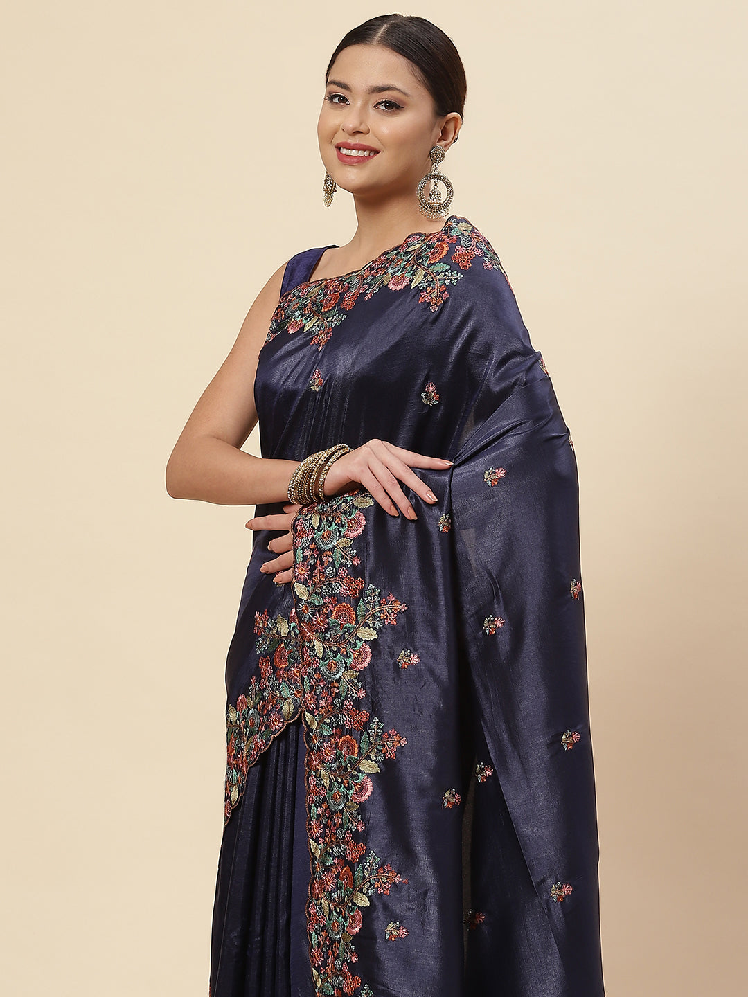 Floral Resham Booti Embroidered Crepe Saree