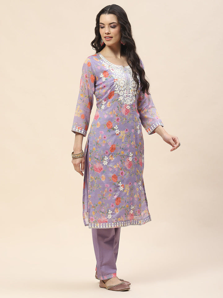 Printed Cotton Kurta With Pants &amp; Dupatta
