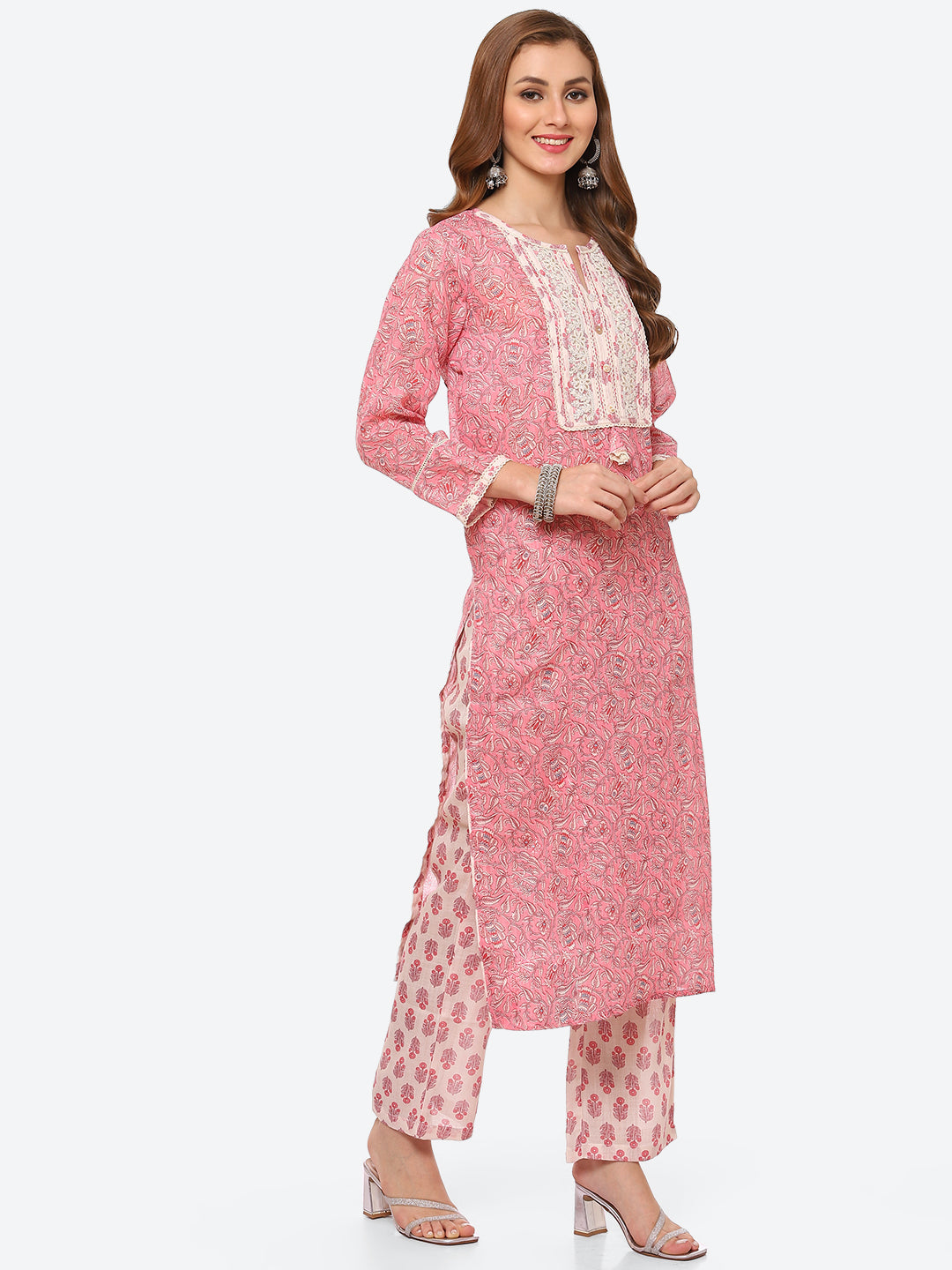 Zari Embroidered Printed Cotton Kurta With Pant